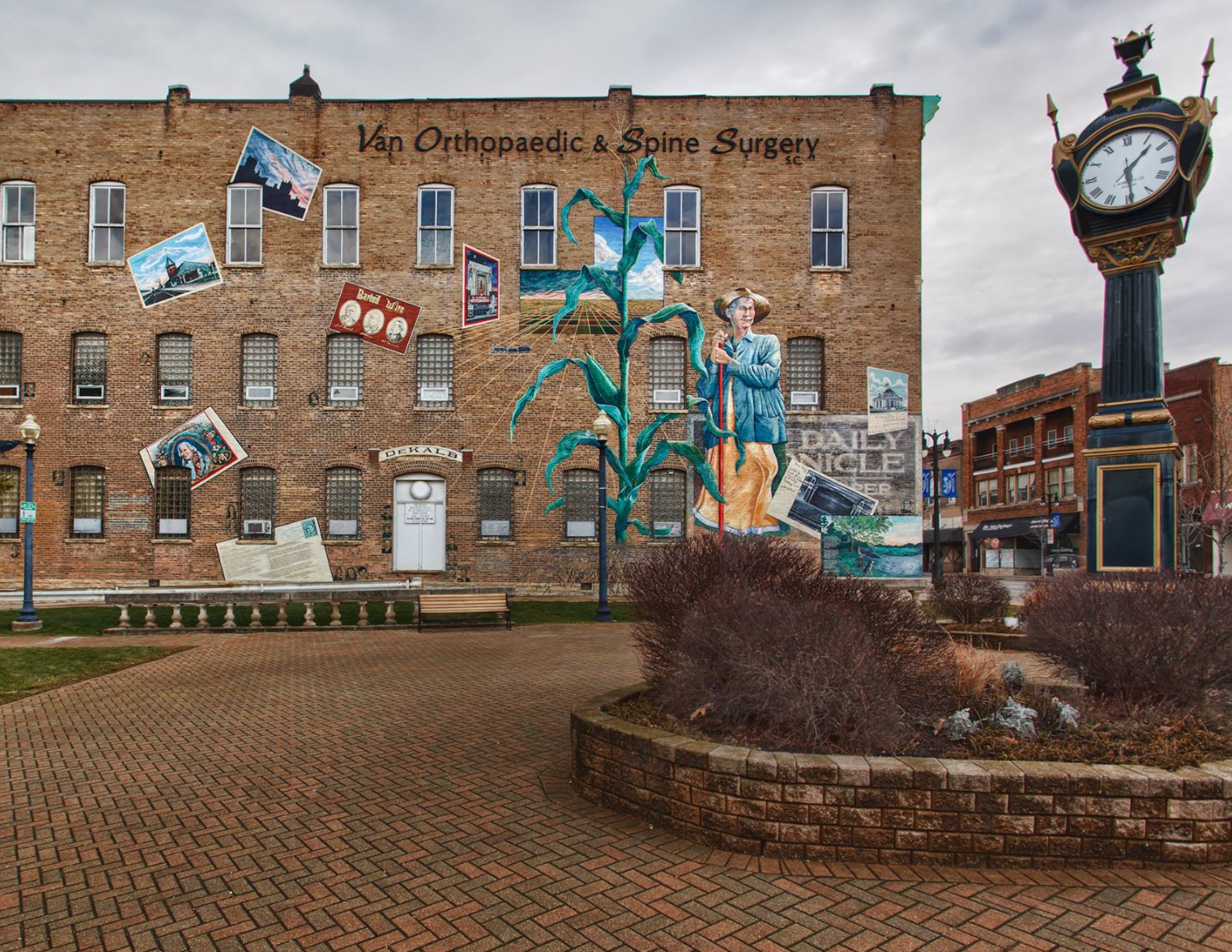 Mural of Annie Glidden and DeKalb landmarks. Located downtown next to the Soldiers and Sailors Memorial Clock.